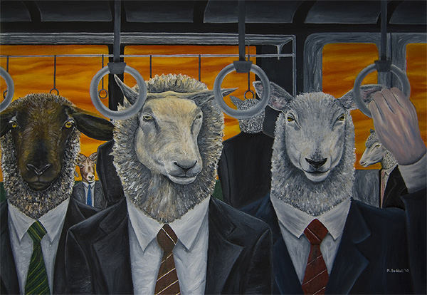sheep commute subway train painting